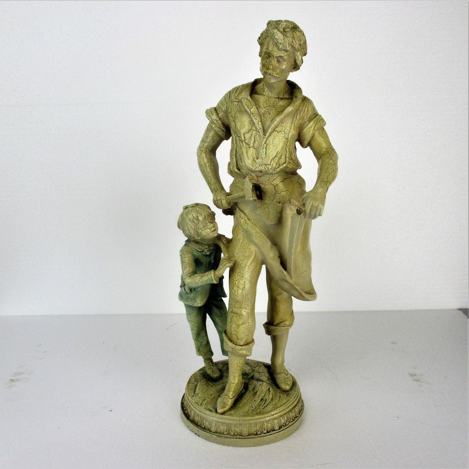 Large Statue Father And Son Resin Crackled White Backpack Little Boy Traveling S photo furniture