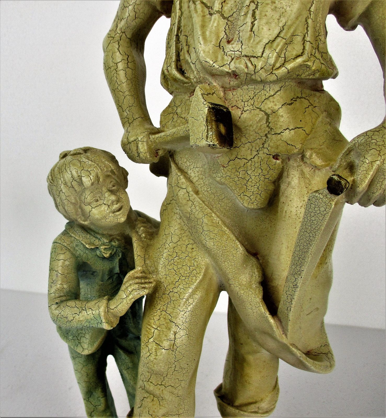 Large Statue Father And Son Resin Crackled White Backpack Little Boy Traveling S photo for sale