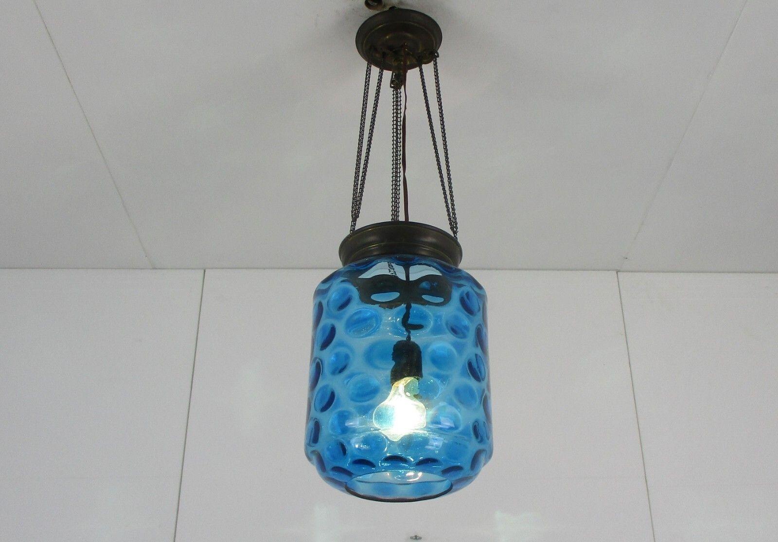Bubbled Blue Optic Glass Chandelier Pendant Vintage Era Empoli Italy photo furniture