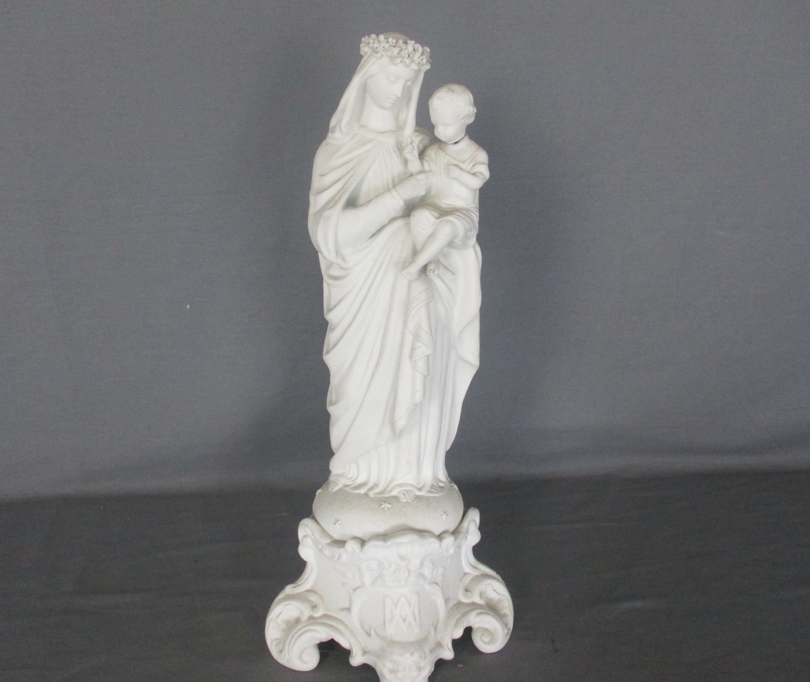 Large French Antique 1900 Bisque Statue Virgin Mary Our Lady With Infant Child F