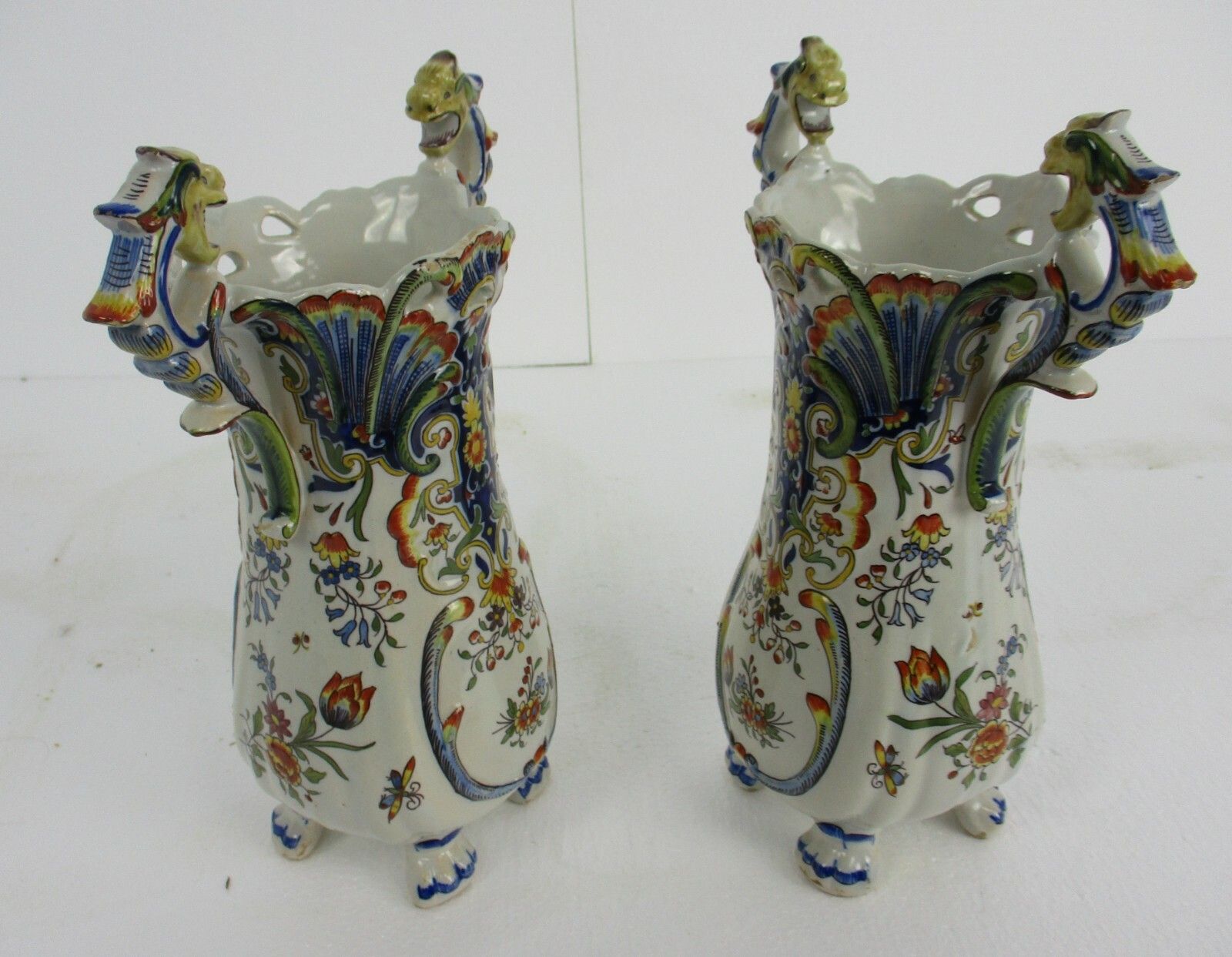 Pair French Vieux Rouen Polychrome Porcelain Vases Marked Dragon Handles Wow photo Home Decor