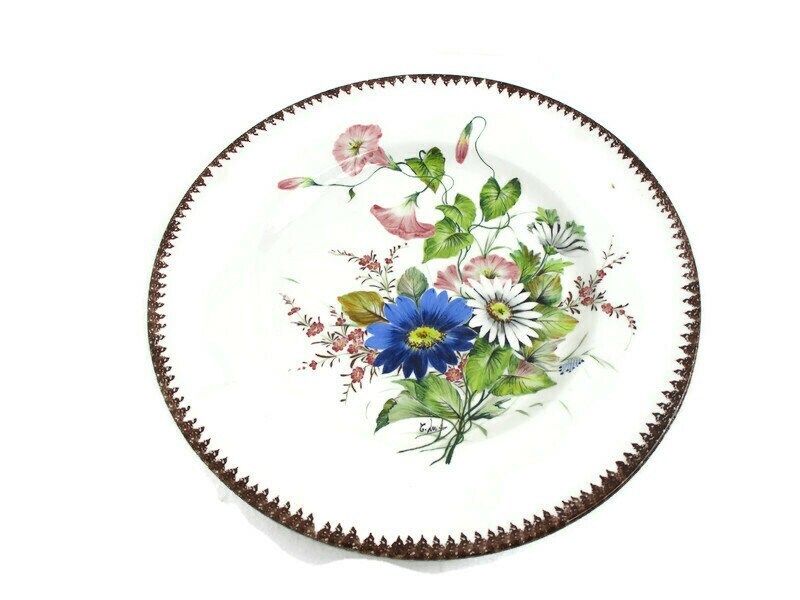 Large Charger Wall Plate After T. Luis Marked Hand Painted Lovely Flowers
