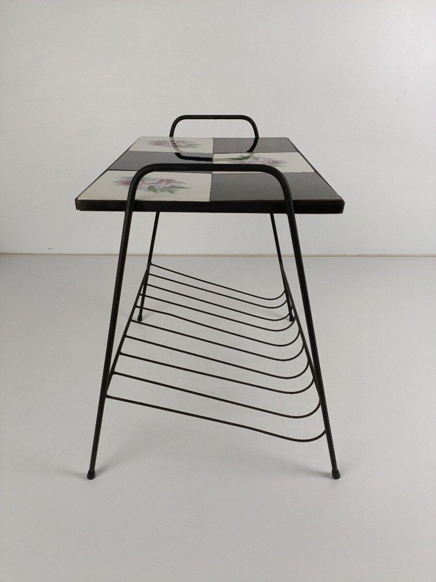 Side Table Magazine Newspaper Rack Basket  Wrought Iron Legs Ceramic Tiles Vinta photo vinterior