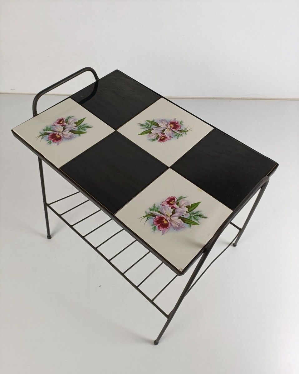 Side Table Magazine Newspaper Rack Basket  Wrought Iron Legs Ceramic Tiles Vinta photo buy