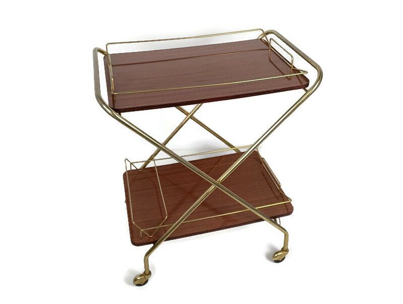Foldable Bar Cart Kitchen Island Coctail Cart Serving Tray Vintage Veneer Chrome