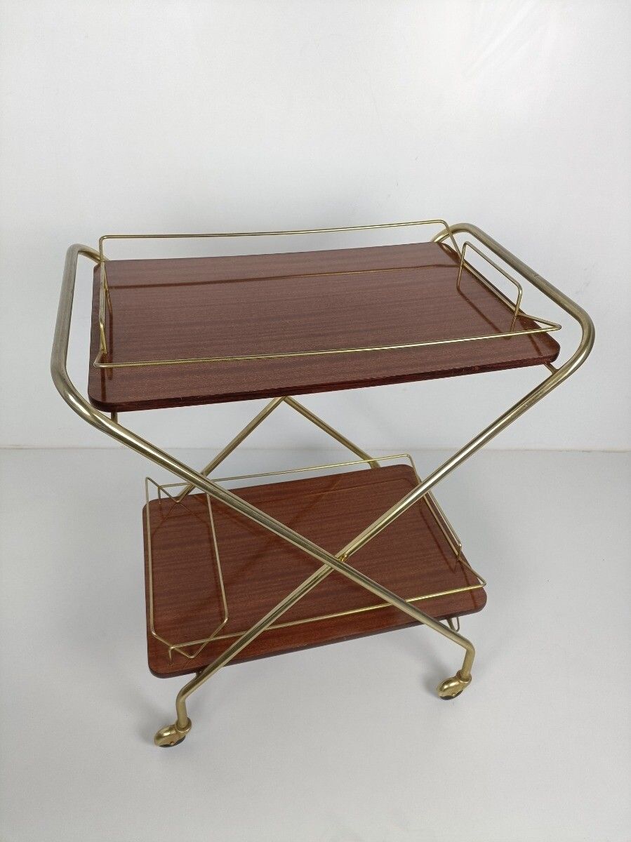 Foldable Bar Cart Kitchen Island Coctail Cart Serving Tray Vintage Veneer Chrome photo for sale