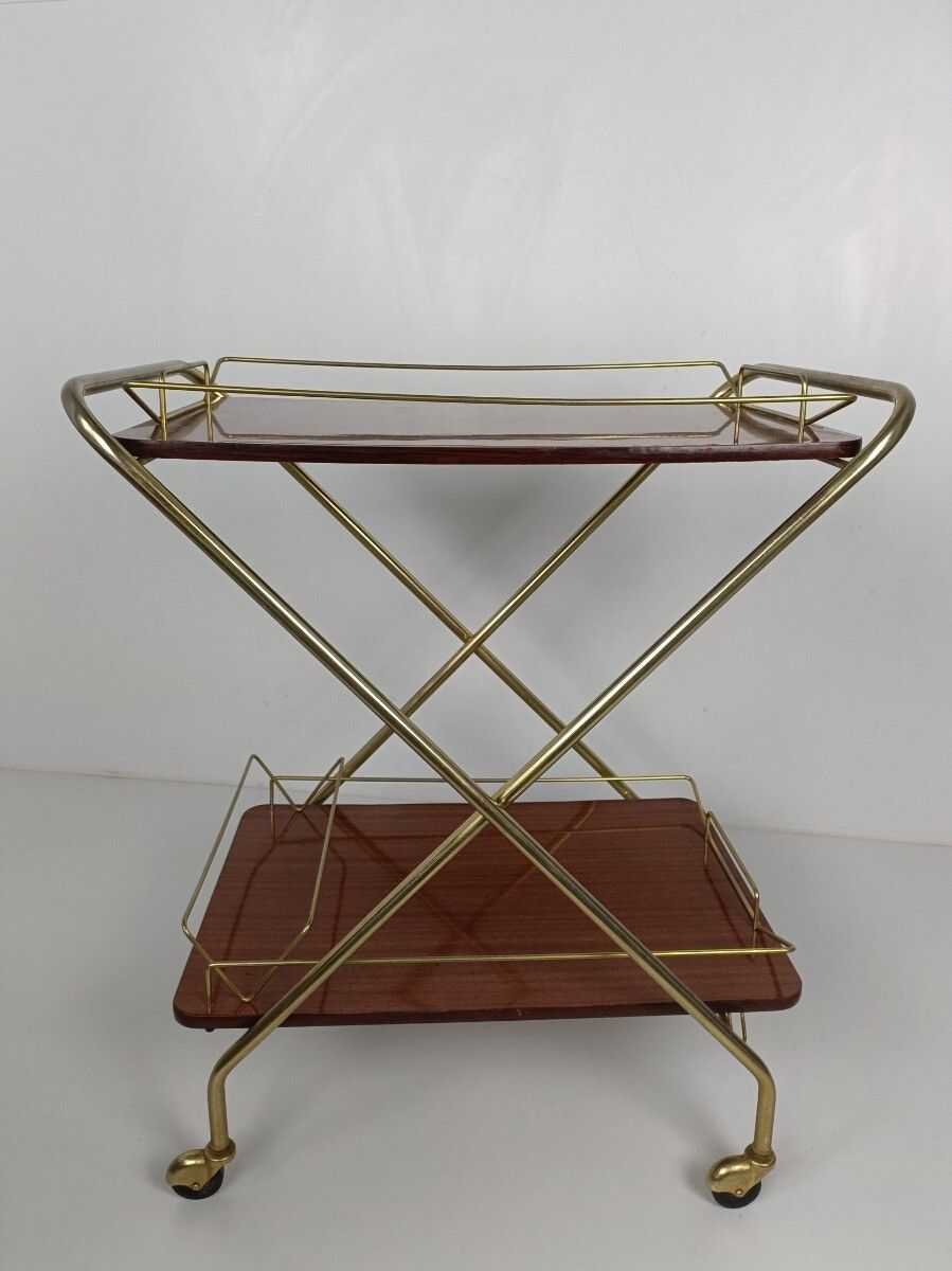 Foldable Bar Cart Kitchen Island Coctail Cart Serving Tray Vintage Veneer Chrome photo Furniture