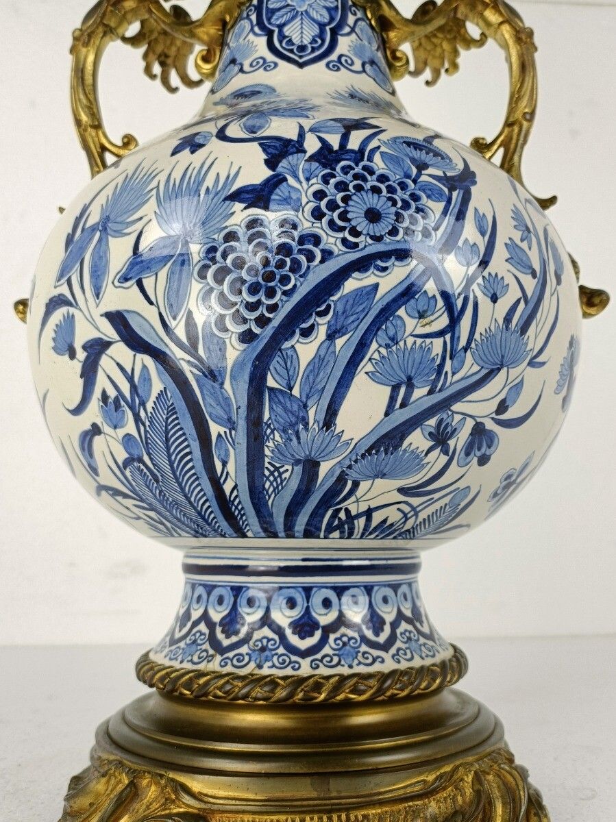 Xl Vase Lovecup Delft Blue White Brass Handles Angels Peacock Feathers Vintage photo for sale