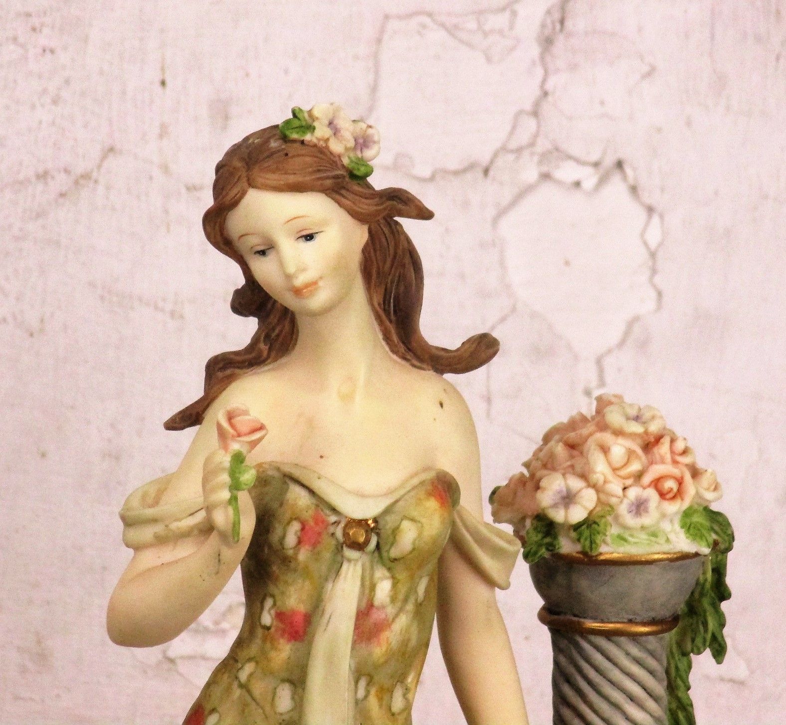 Vintage Statue Figurine Young  Flower Girl  Resin Flowers Elf Lion Head photo furniture