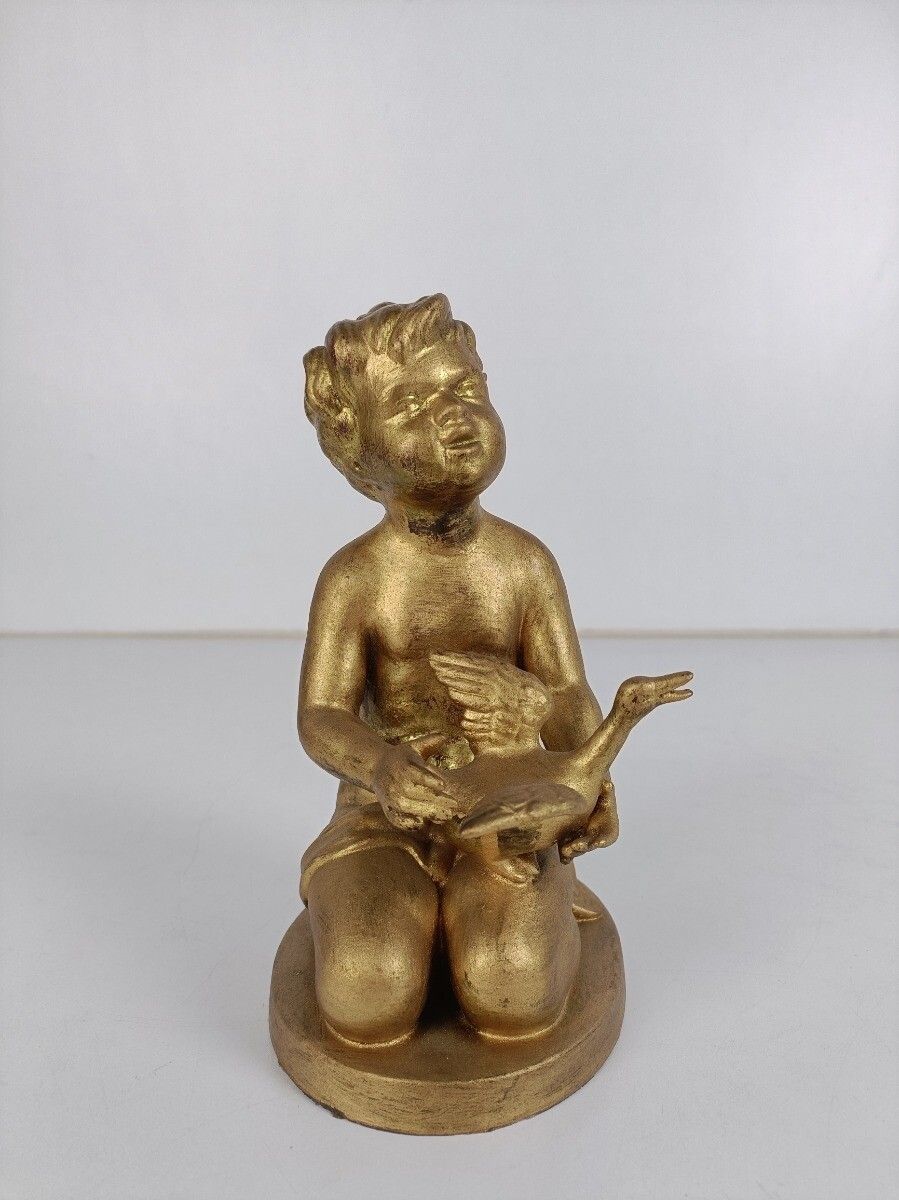 Statue Gold Gild Plaster Nude Boy Putti With Duck After Jacob Ludwig Schmitt Vin photo furniture