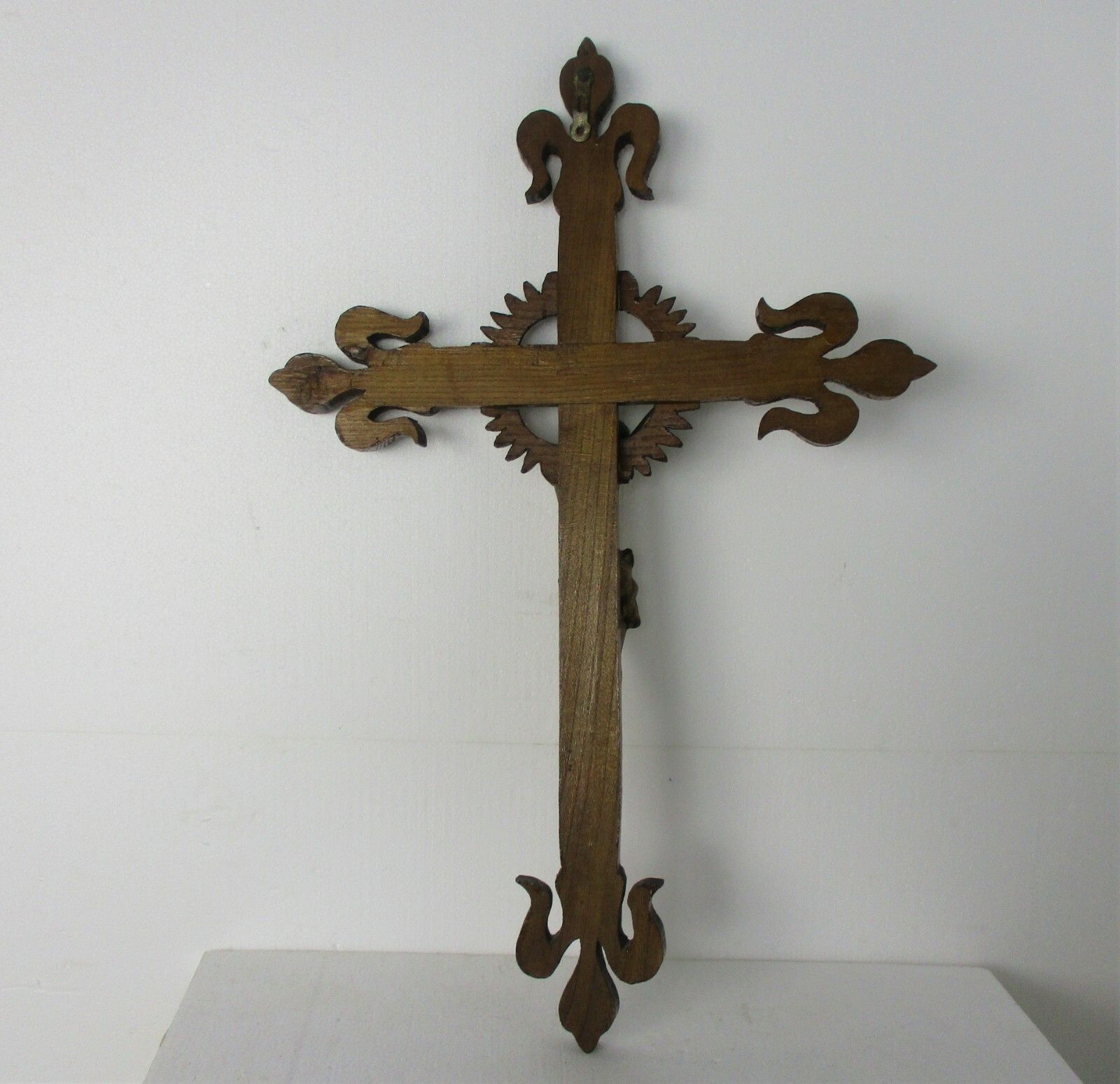 Xl Hand Carved Wood  French Hanging Ornate Crucifix Jesus Christ Fleur De Lis photo buy