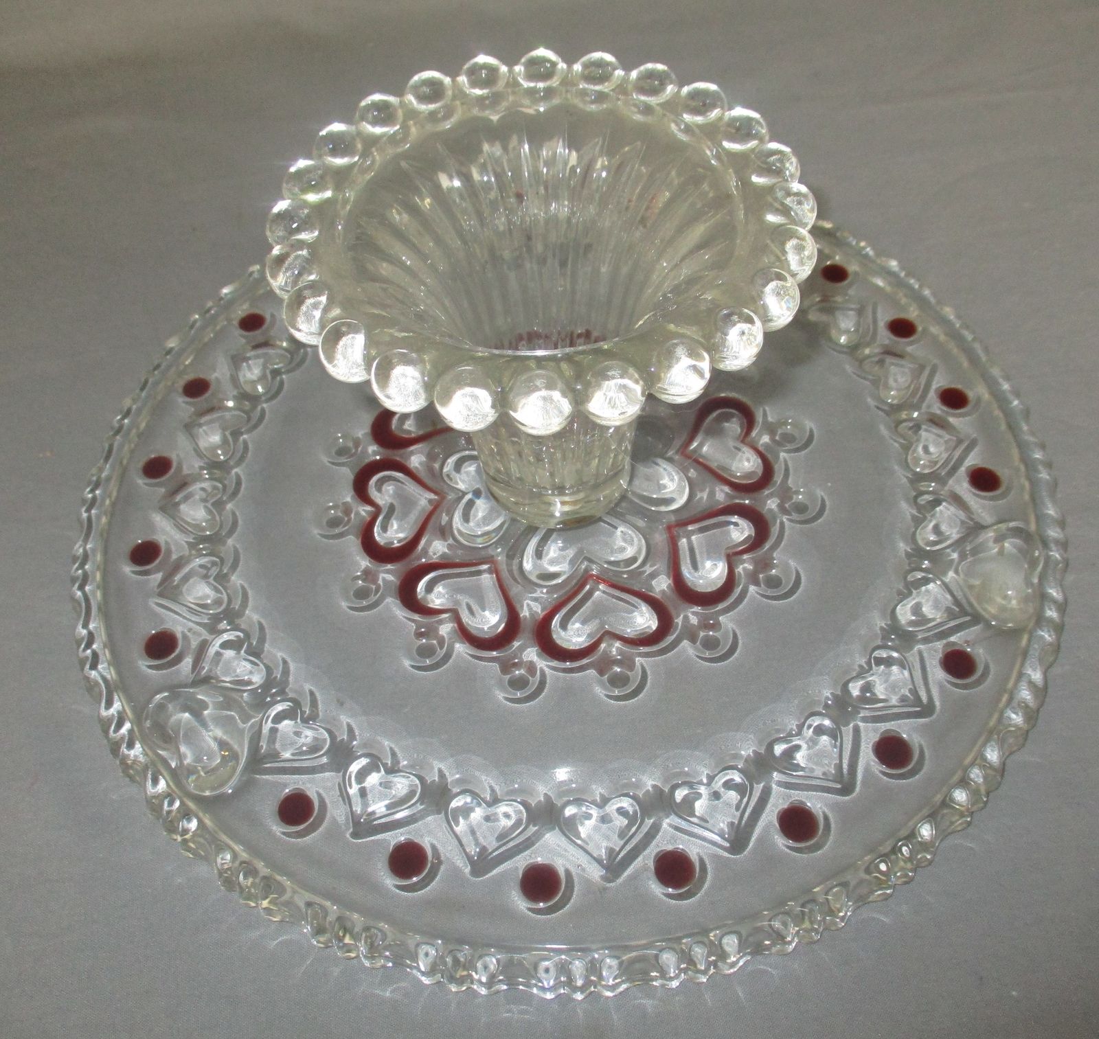 Stunning Art Deco Footed Cake Stand Pedestal Art Glass Cranberry Clear photo vinterior