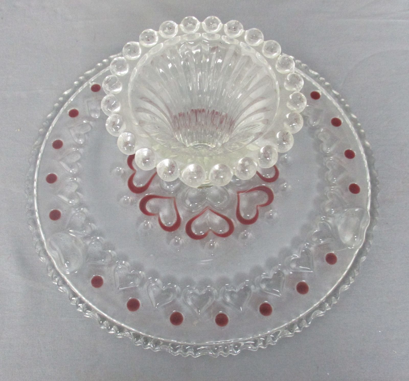 Stunning Art Deco Footed Cake Stand Pedestal Art Glass Cranberry Clear photo buy