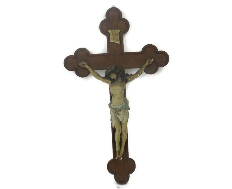 Xl Wood Hanging Church Crucifix Plaster Dramatic Gorgeous Corpus Piece Of Art