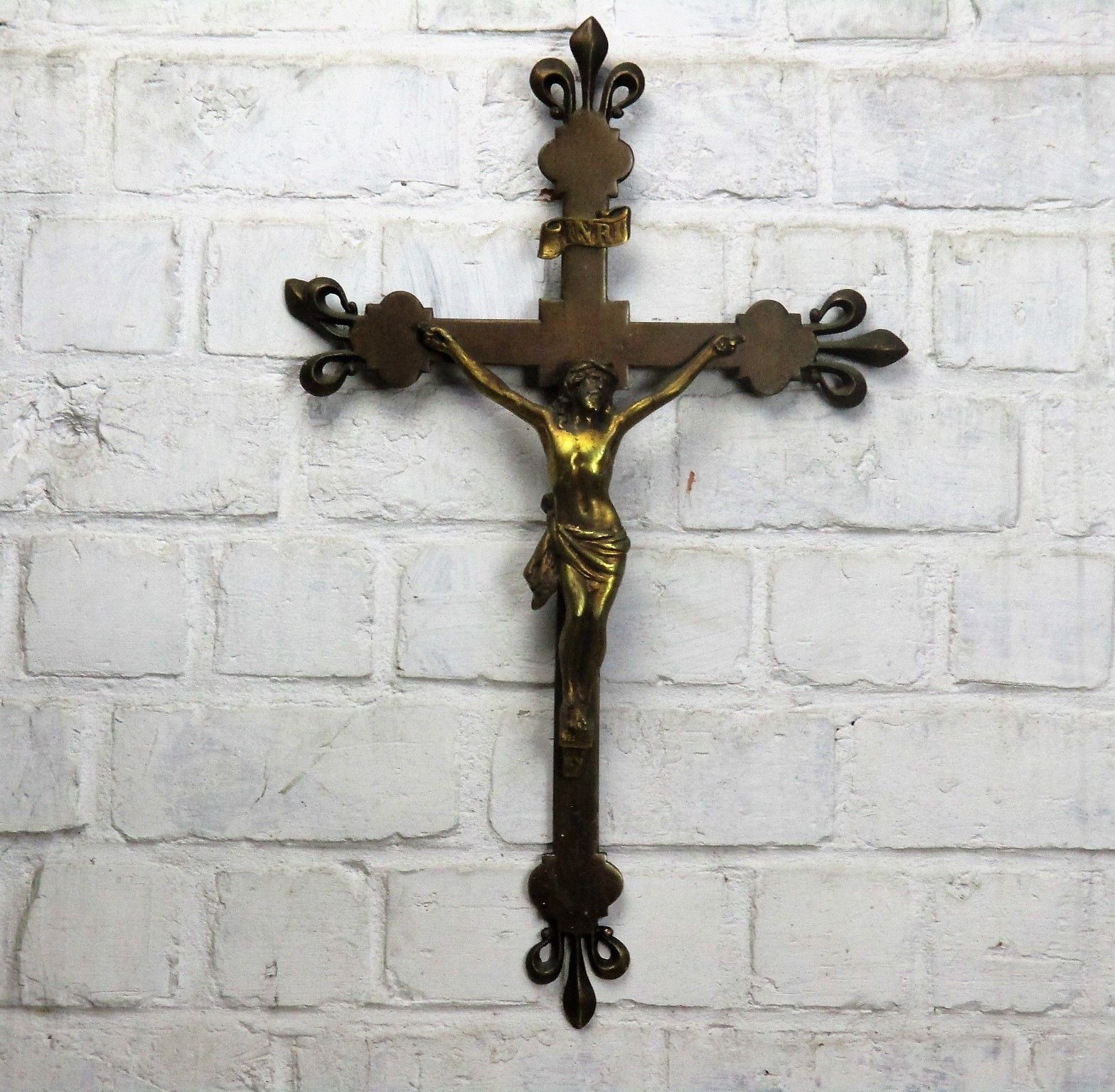 French Hanging Ornate Crucifix Cross Brass Jesus Christ  Fleur De Lis Wow 20.47"