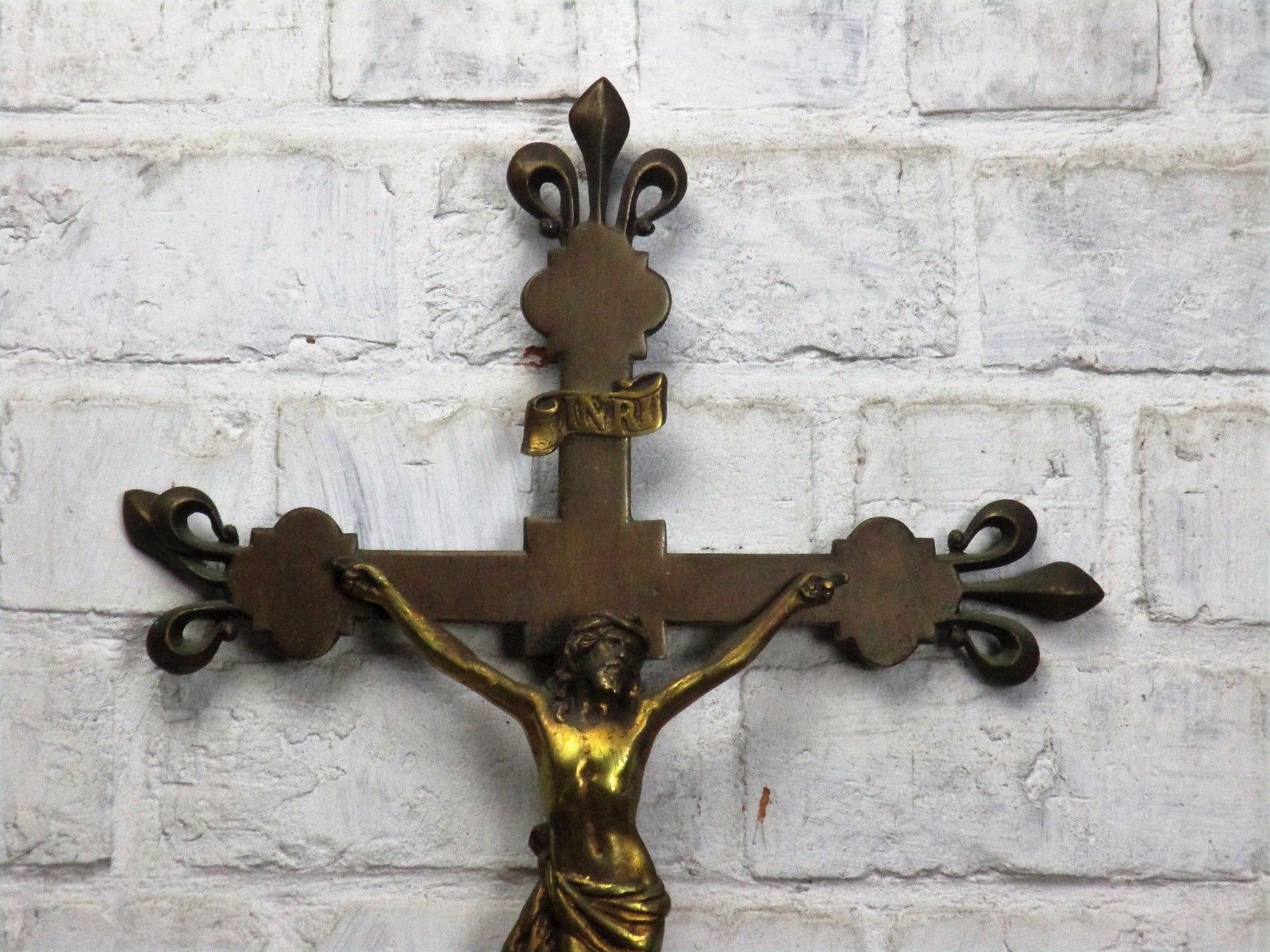 French Hanging Ornate Crucifix Cross Brass Jesus Christ  Fleur De Lis Wow 20.47" photo for sale