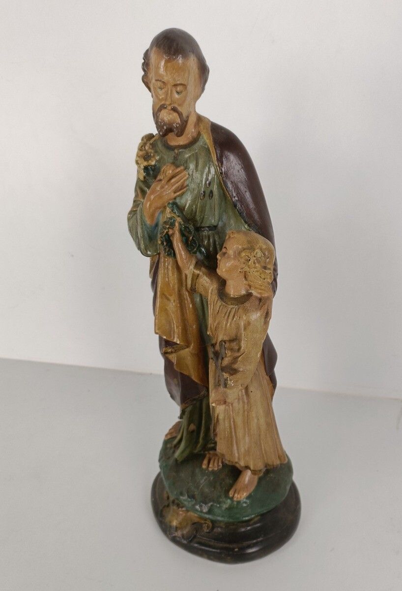 Antique Statue Saint Joseph Protector Of Homes Infant Jesus Polychrome Plaster N photo 182.0