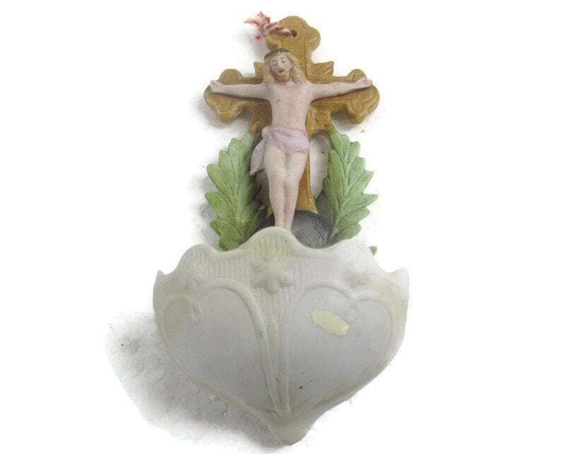 Antique Porcelain Bisque Holy Water Font Vessel Jesus Crucifix  Wow Polychrome