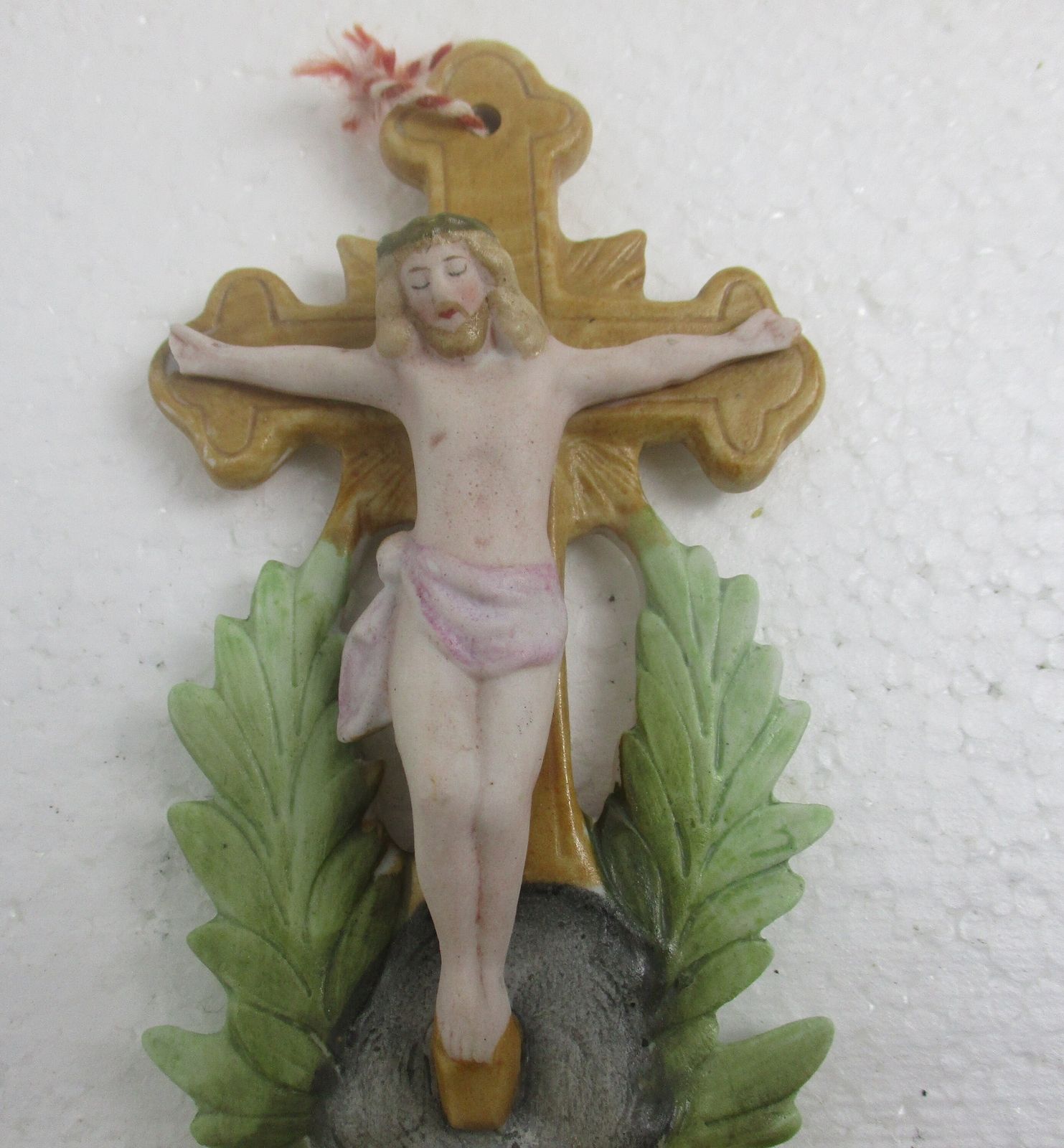 Antique Porcelain Bisque Holy Water Font Vessel Jesus Crucifix  Wow Polychrome photo furniture