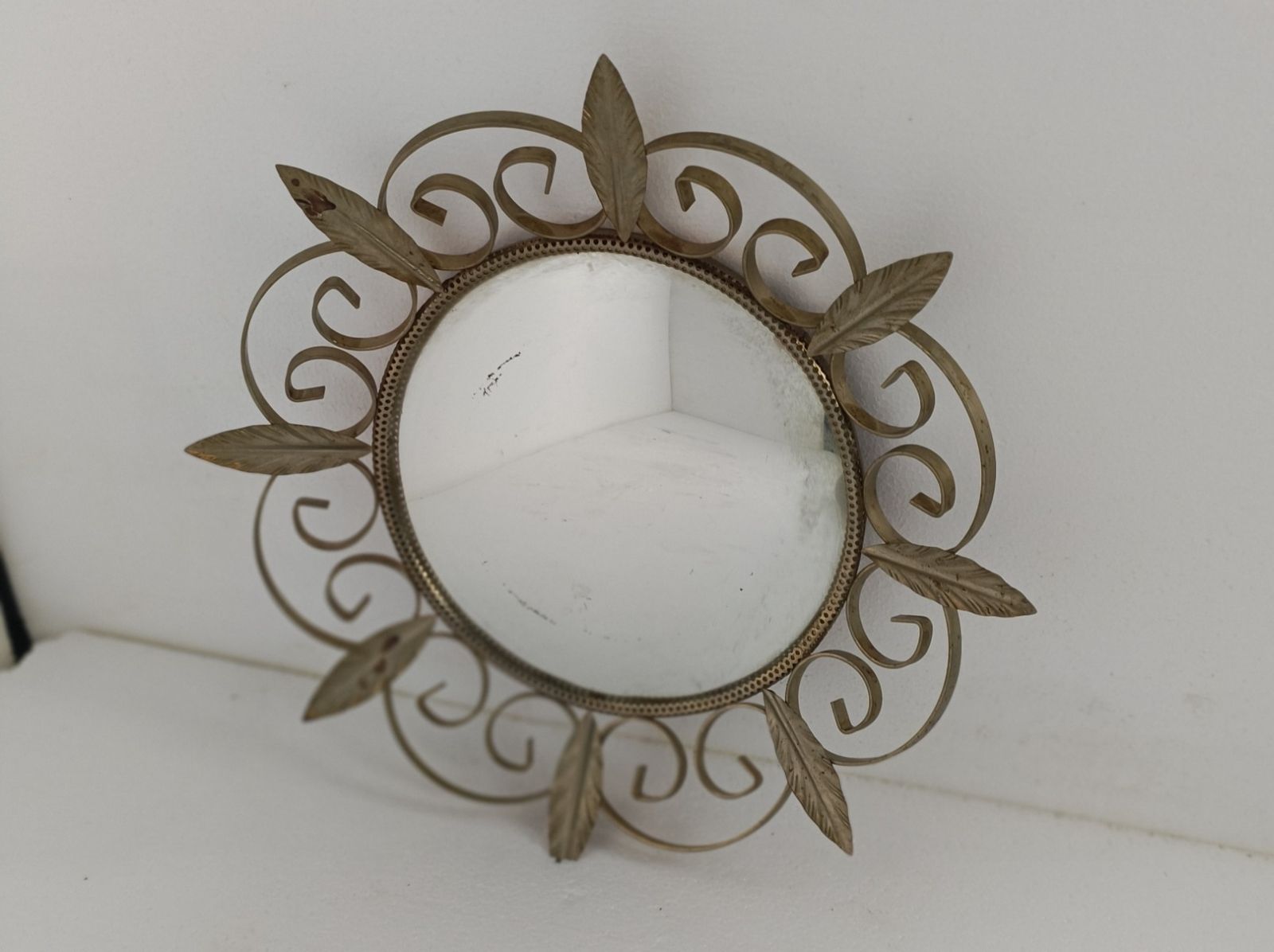 Retro Modernist Starburst Sunburst Metal Wall Mirror Mid Century Leafs Chrome photo for sale