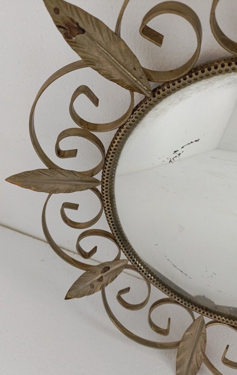 Retro Modernist Starburst Sunburst Metal Wall Mirror Mid Century Leafs Chrome photo vinterior