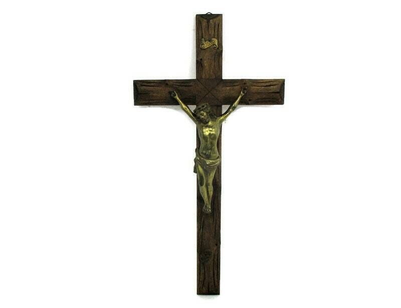Xl Wall Hanging Hand Carved Wood Crucifix Cross Jesus Christ Brass Corpus 27.55&
