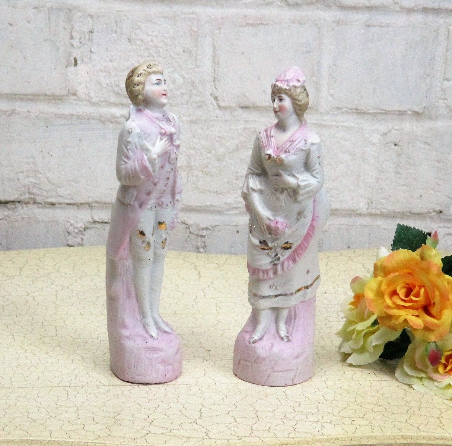 Couple Two Figurines Courting  Woman  Man Porcelain Bisque Marked 7.87"