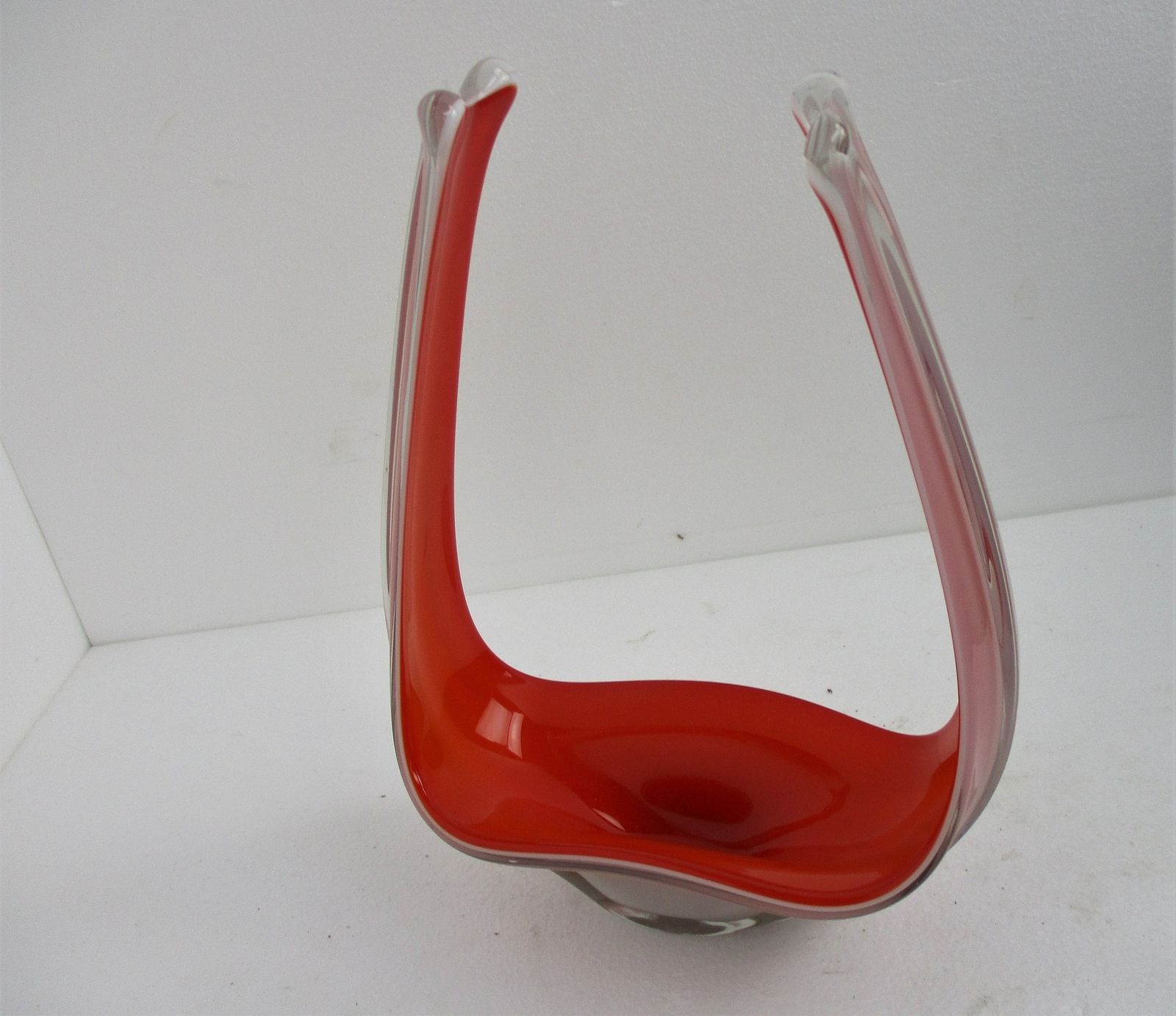Large Beautiful Art Glass Centerpiece Bowl Fruit Dish Opaline Milk Glass Red Whi photo for sale