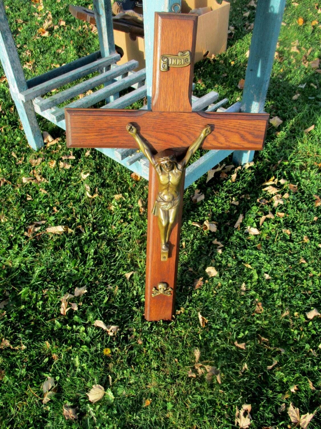 Large Hand Carved Wooden Hanging Crucifix Cross Brass Jesus Christ 27.36"