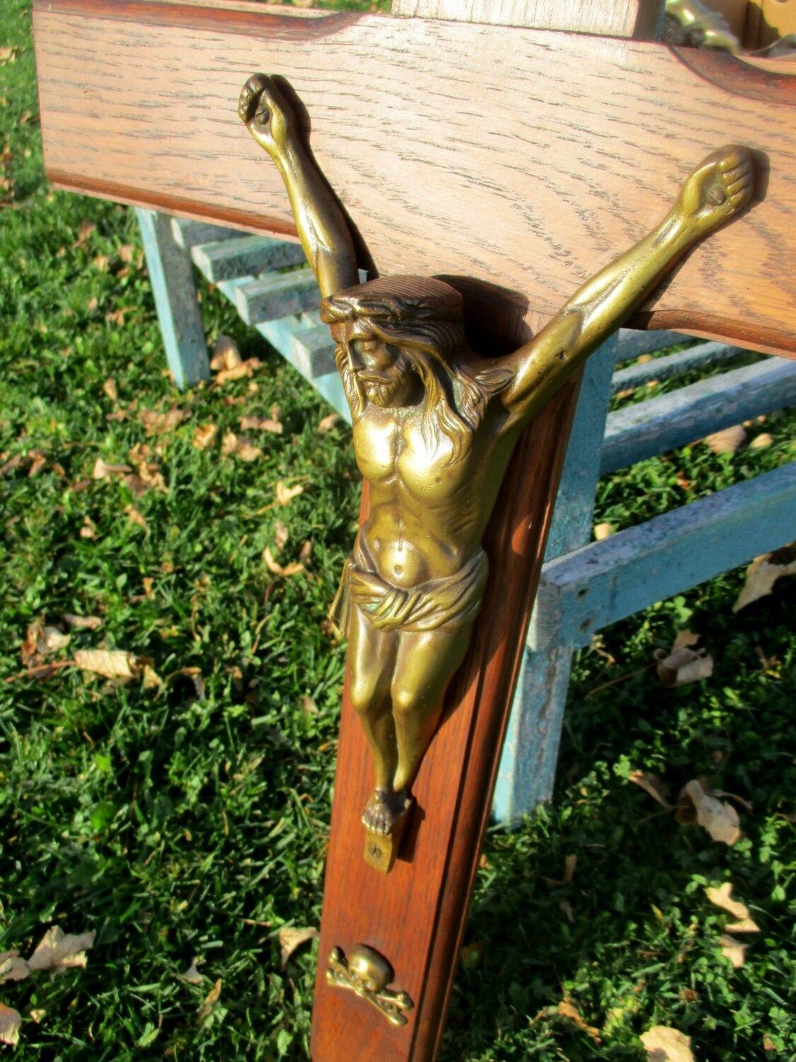 Large Hand Carved Wooden Hanging Crucifix Cross Brass Jesus Christ 27.36" photo 121.0