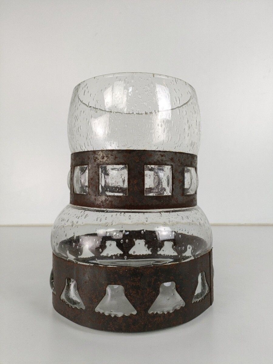 Vintage Clear Glass Vased Bubbled Hooped Iron Rims photo furniture