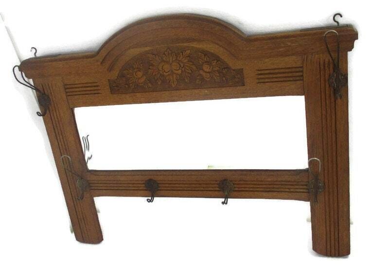 Antique Gorgeous Large Beveled Glass Mirror Hand Carved Wood Coat Rack Wow Hallw