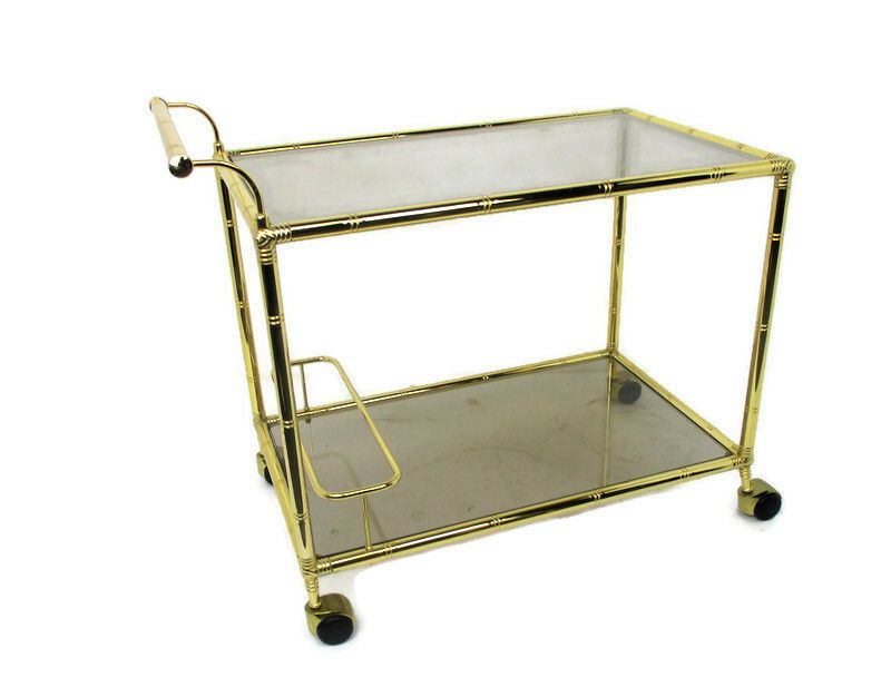 Bar Cocktail Cart Trolley Hollywood Regency Kitchen Island Brass Bamboo Style