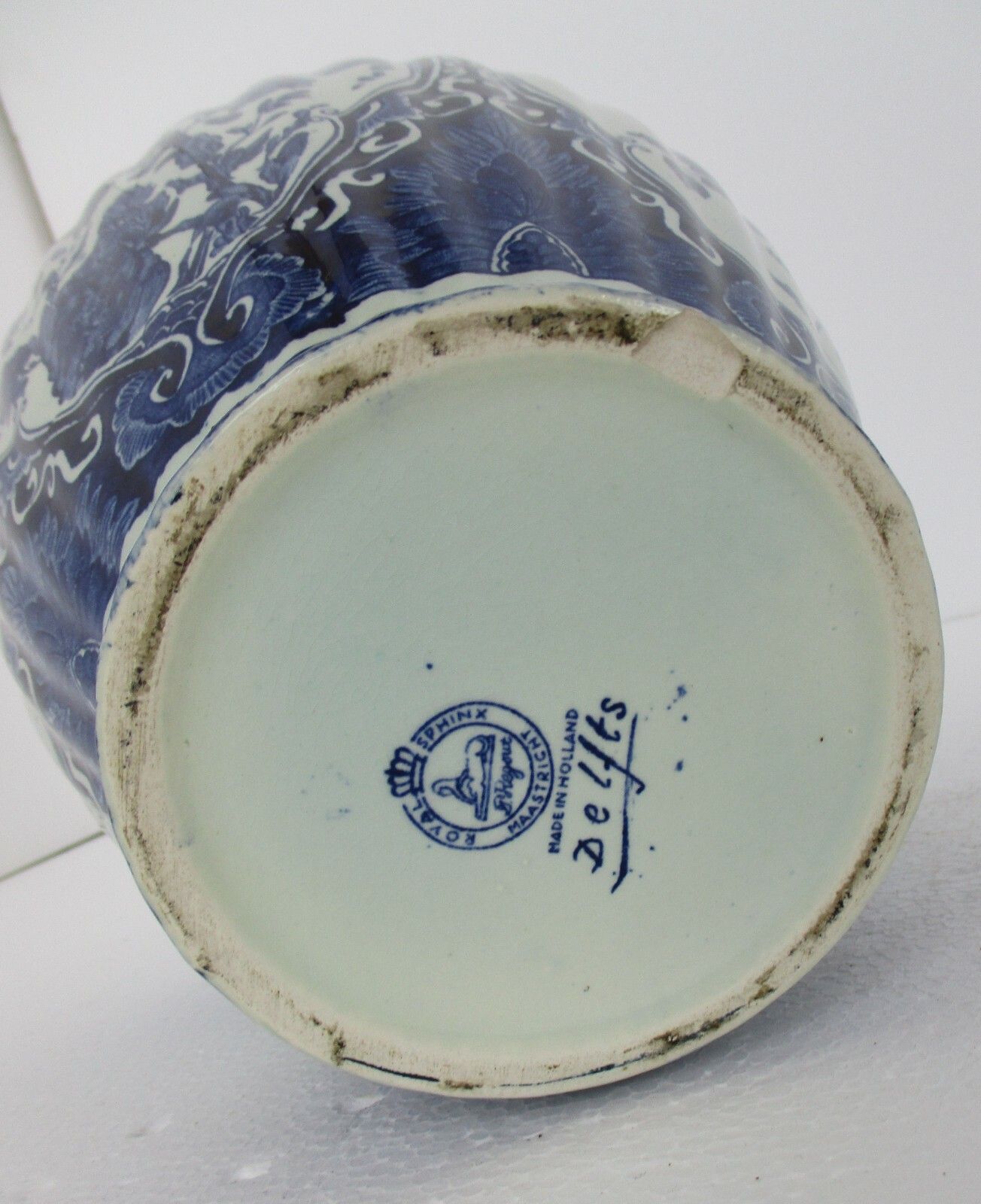 photo for sale Royal Sphinx Maastricht Delft Vase Urn Marked Boch Blue White Foo Dog 15.74"