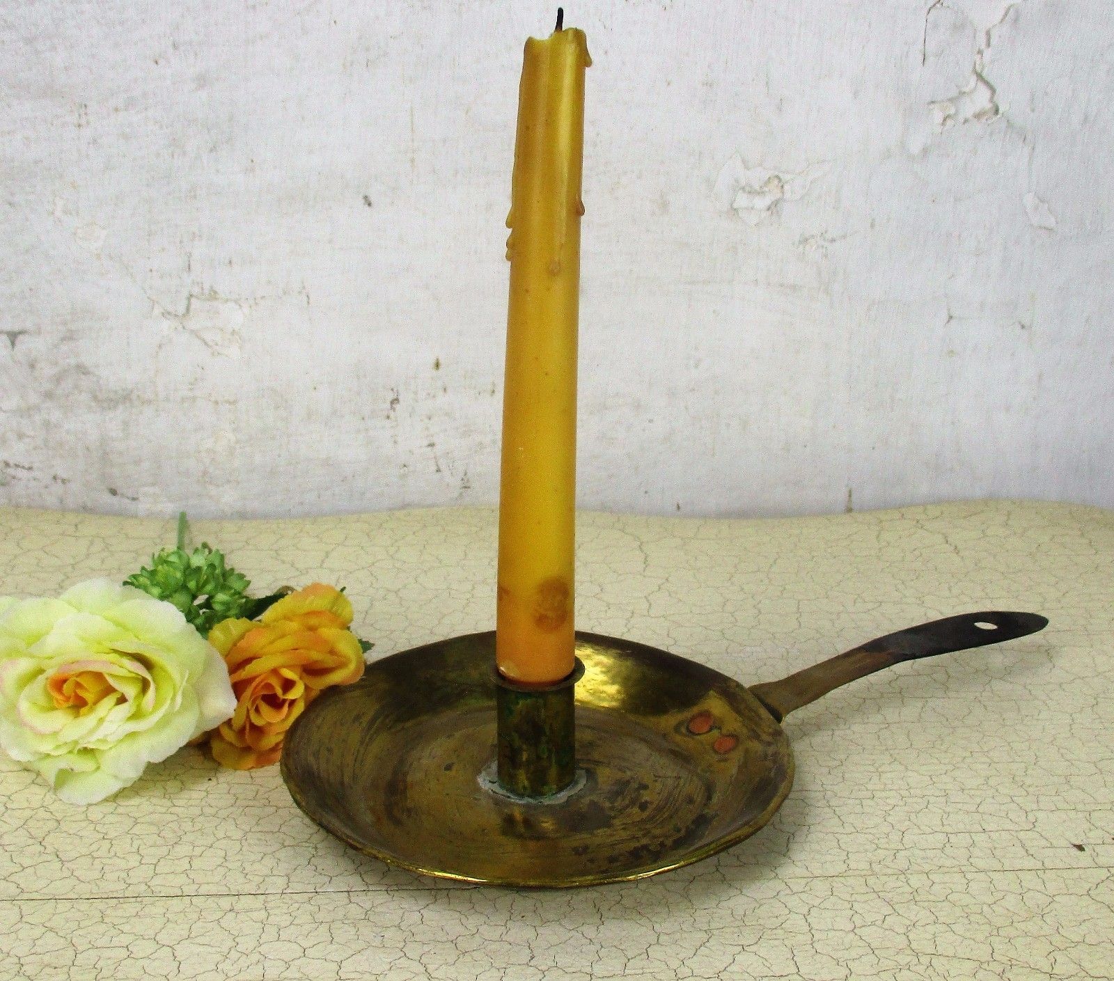 19th Century Antique Hand Hammered Brass Candle Holder Chamberstick  Htf