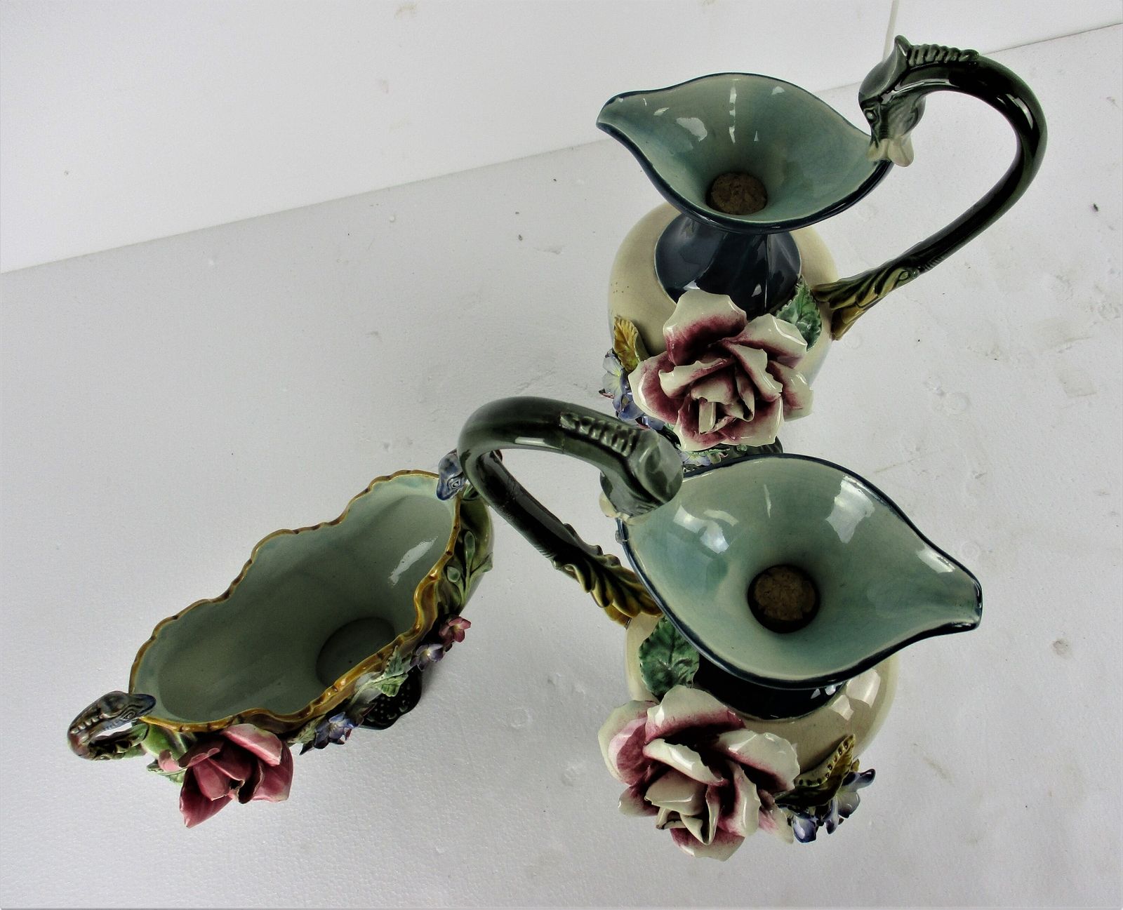 Set Of 3 French Barbotine Majolica Vases Planters Centerpiece Pitchers Art Nouve photo 425.0