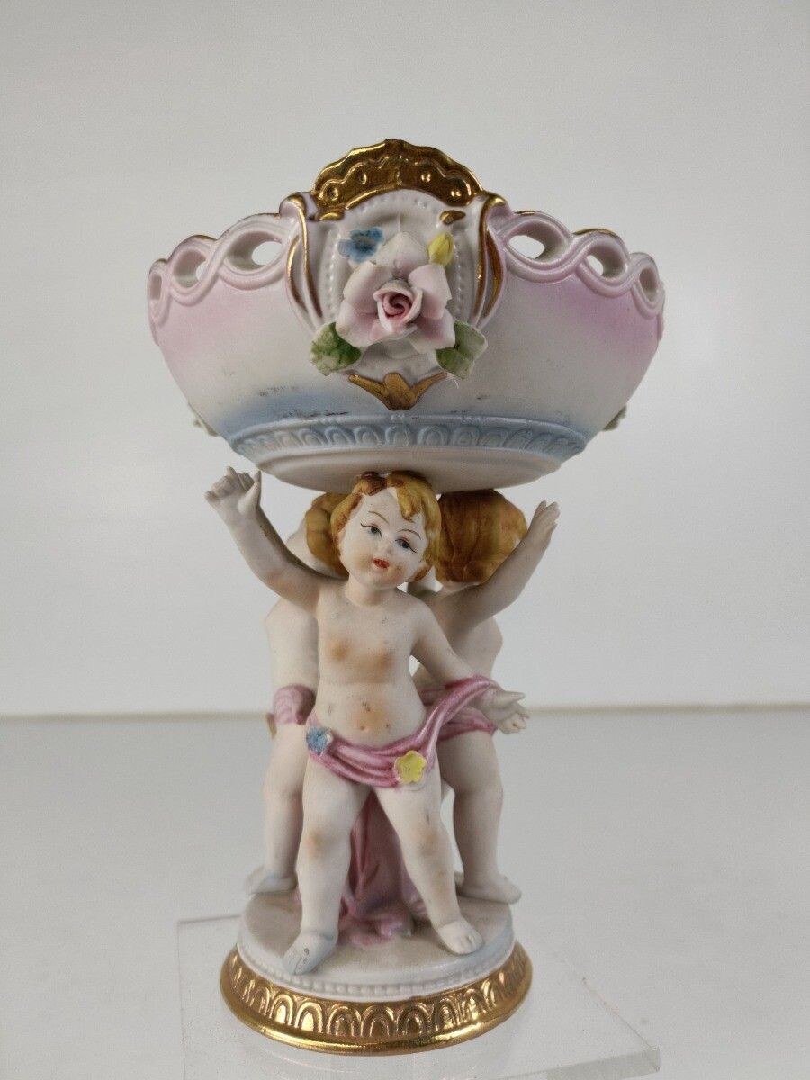 Porcelain Centerpiece Statue Basket 3 Lovely Children Carrying Basket Flowers VI photo vinterior