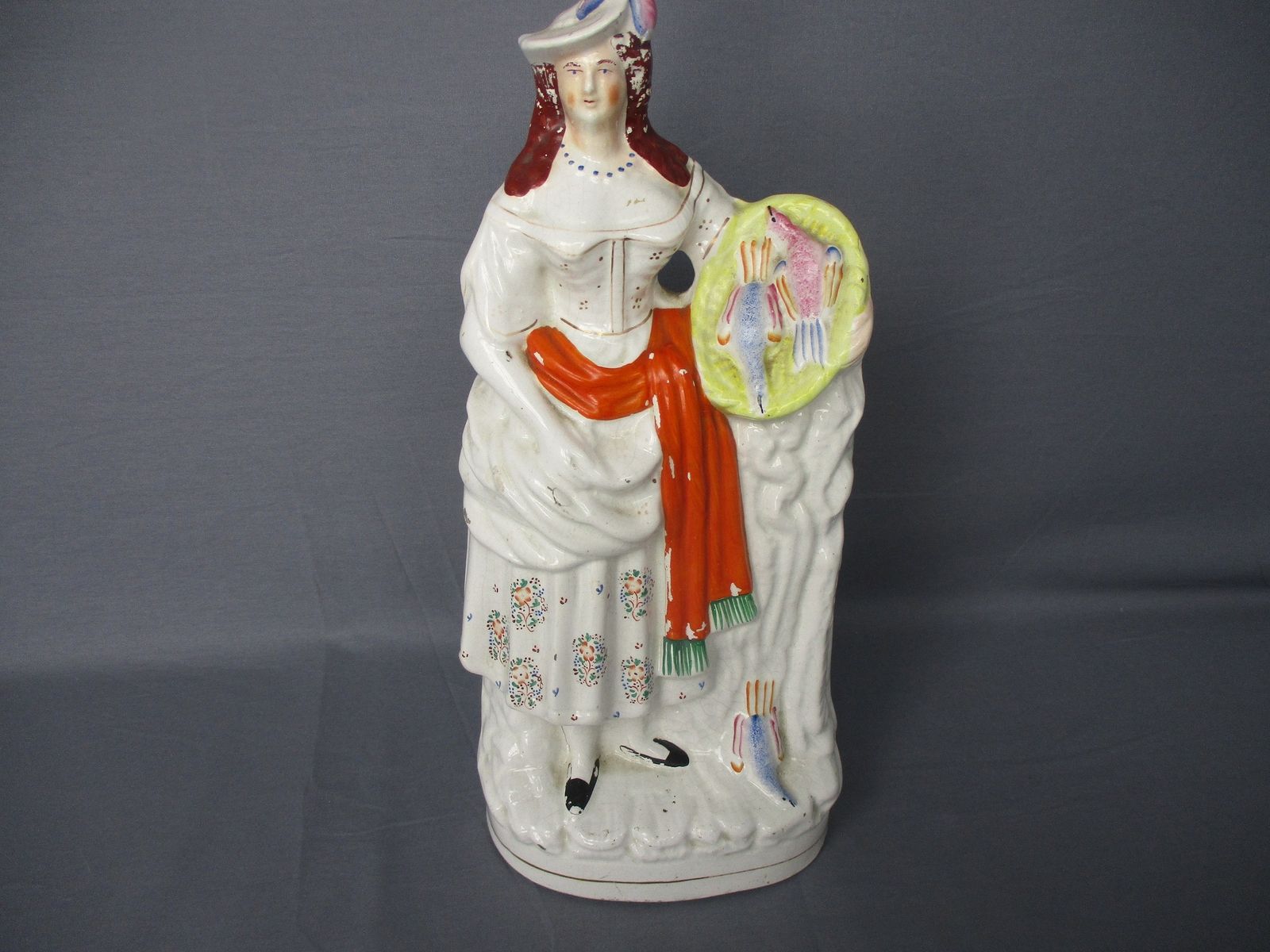 Staffordshire Earthenware Figurine Statue Lady Selling Pheasants Polychrome Anti