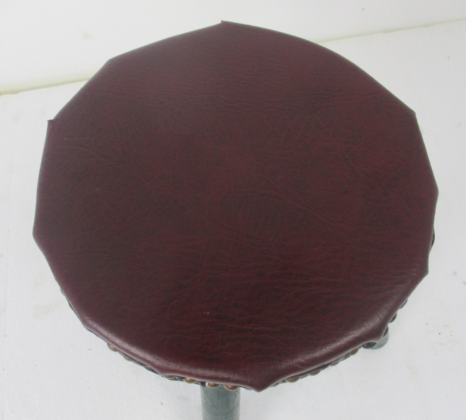 Vintage Hand Carved Wood Tripod Milking Stool Pedestal  Green Leather Hobnails photo vinterior
