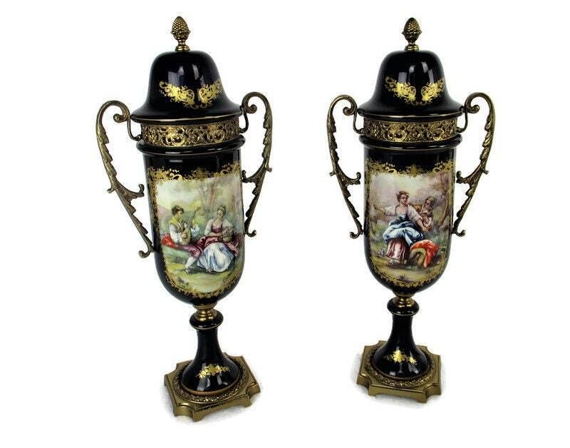 French Couple Pair  Vases Centerpieces Urns Cobalt Blue Porcelain Sevres 1950