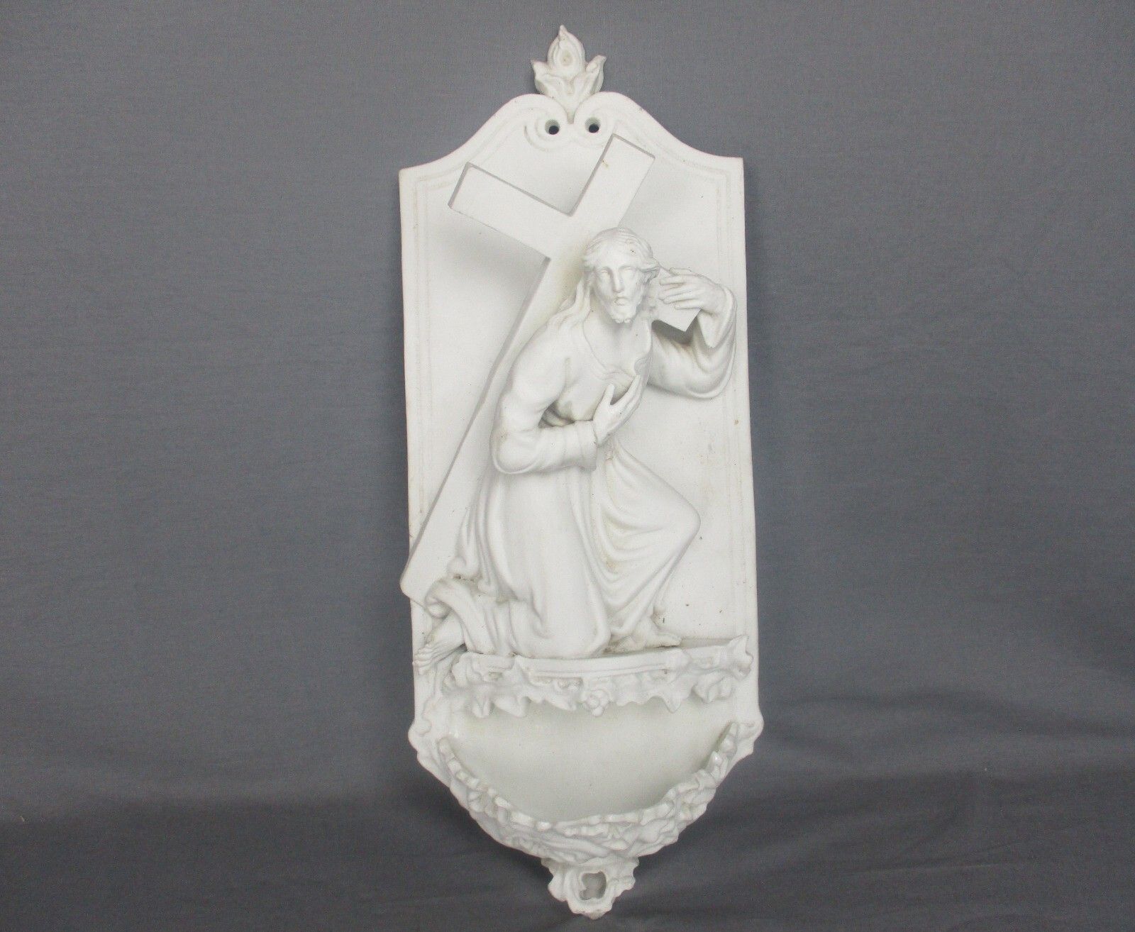 Large Antique Porcelain Bisque Holy Water Font Vessel  Jesus Crucifix Church Wow