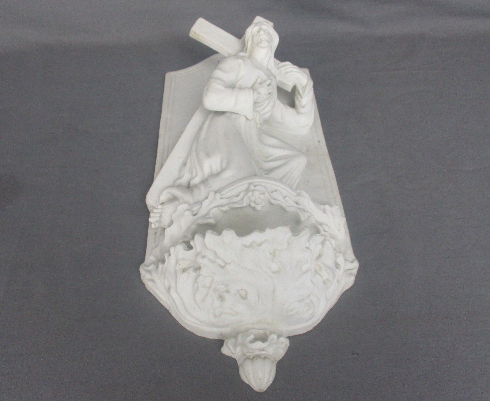 Large Antique Porcelain Bisque Holy Water Font Vessel  Jesus Crucifix Church Wow photo furniture