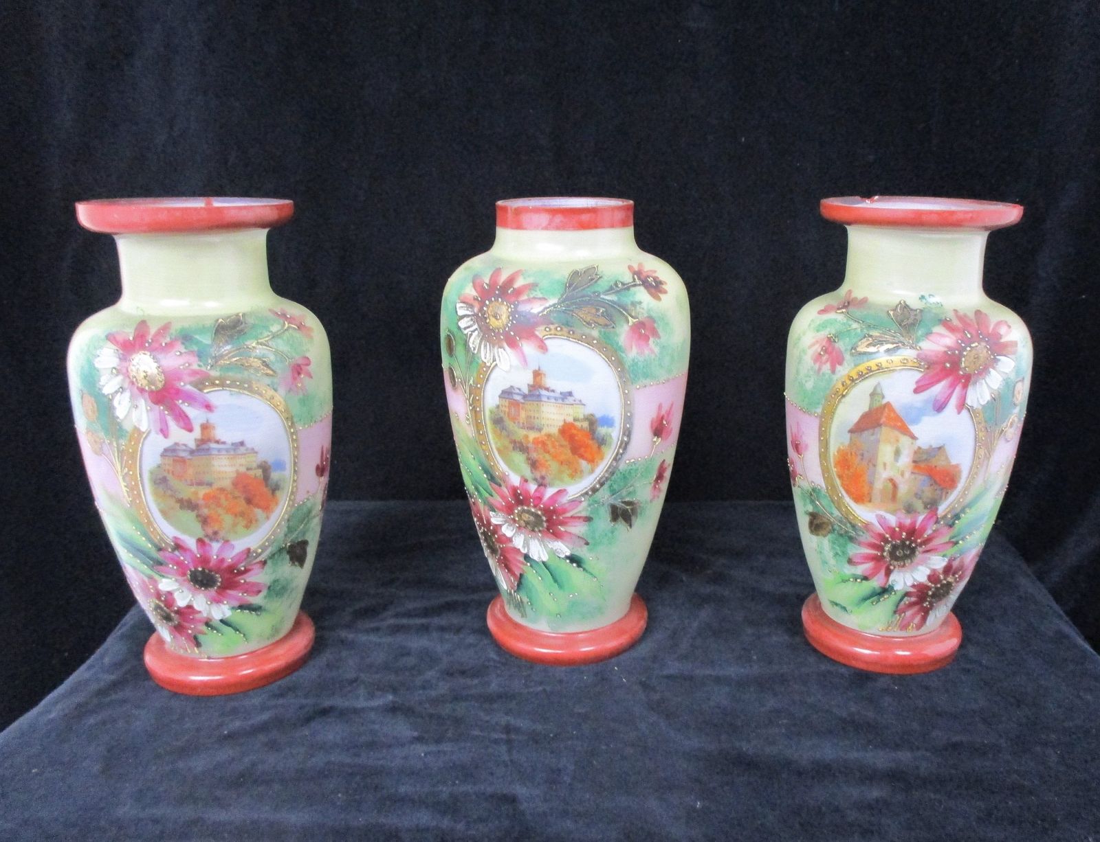 Set Of 3 Antique Vases Garniture Set Hand Painted Art Glass Ormolu Flowers Castl