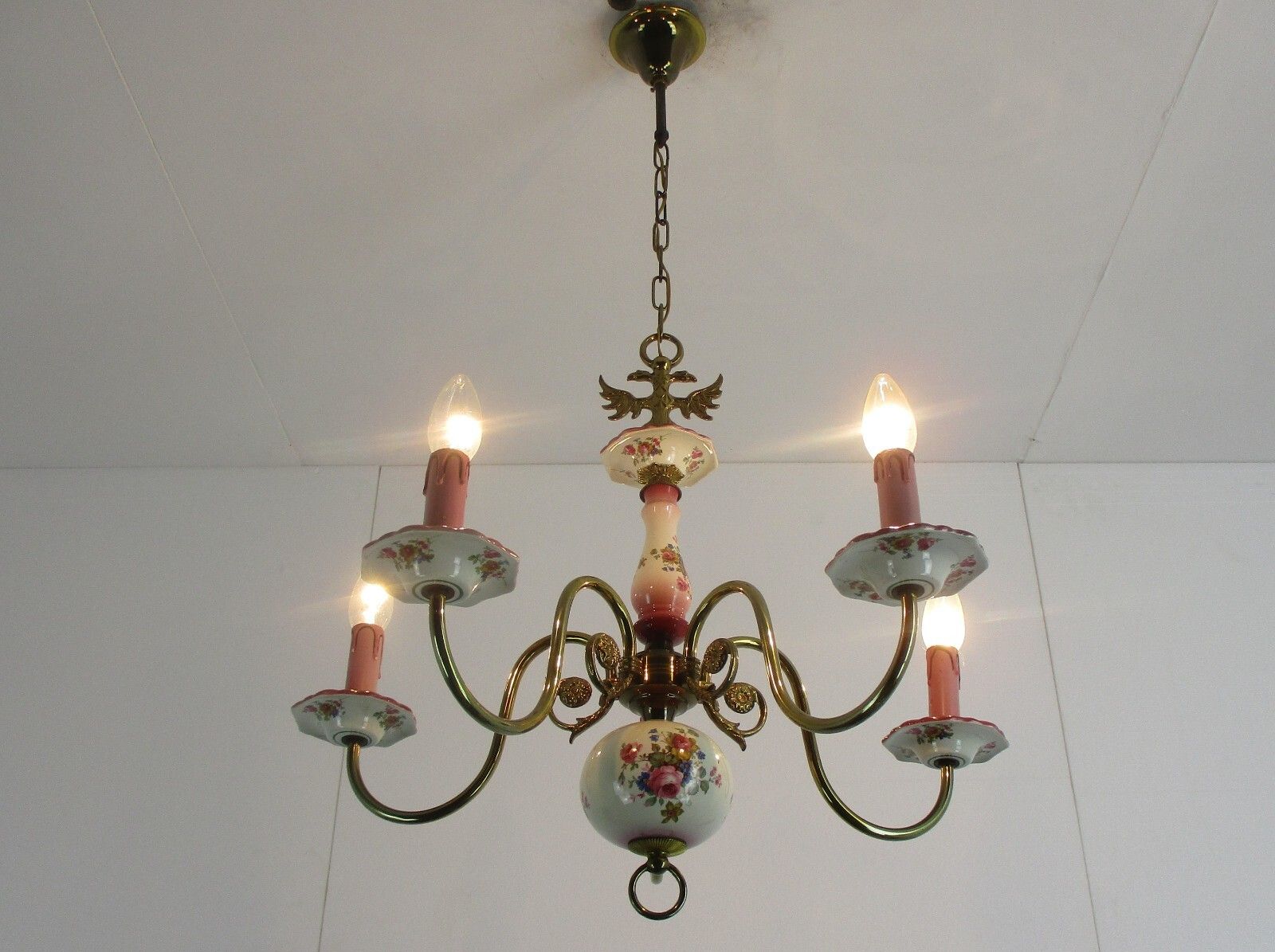 Chandelier 5 Arms Lights Ceramic Porcelain Brass Italian Style Romanticflowers photo furniture
