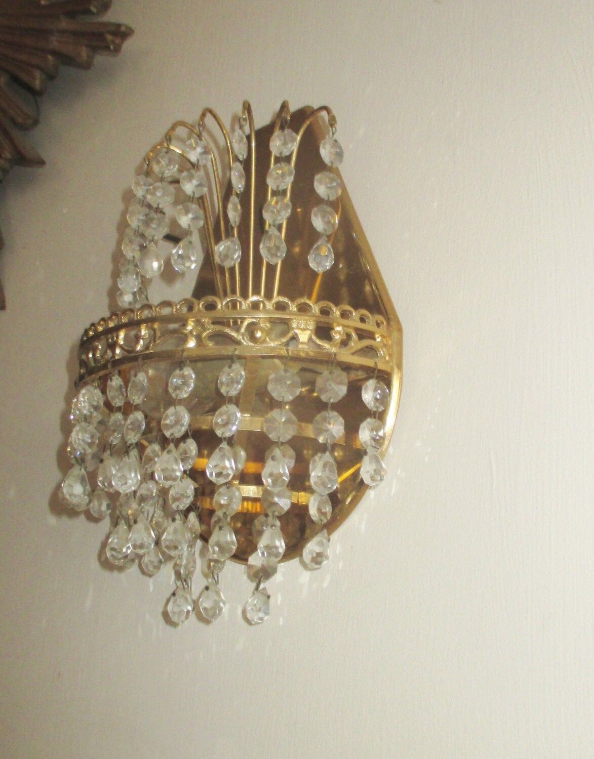 Antique Italian Petite Empire Brass Prisms Chandelier Sconces Wall Lamps Pair