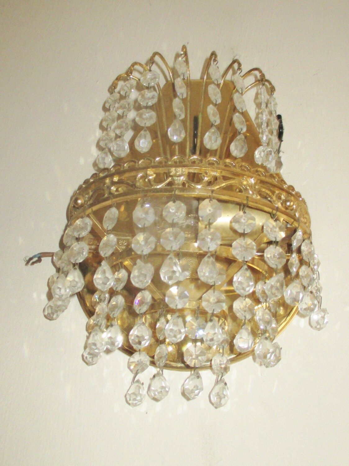 Antique Italian Petite Empire Brass Prisms Chandelier Sconces Wall Lamps Pair photo Lighting