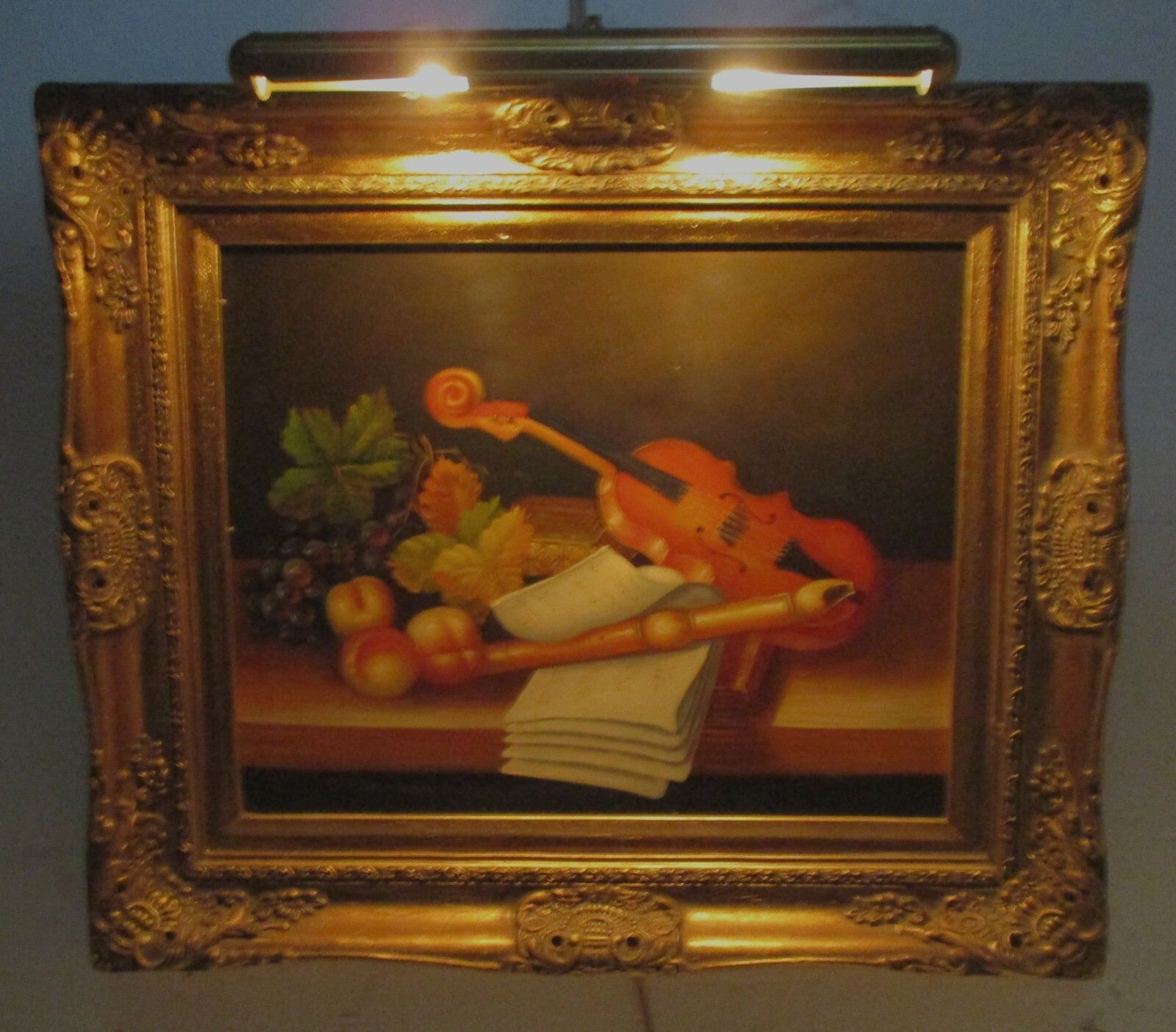 Oil Painting On Wood Gorgeous Wooden Frame With Lamp Still Life Violin Signed photo furniture