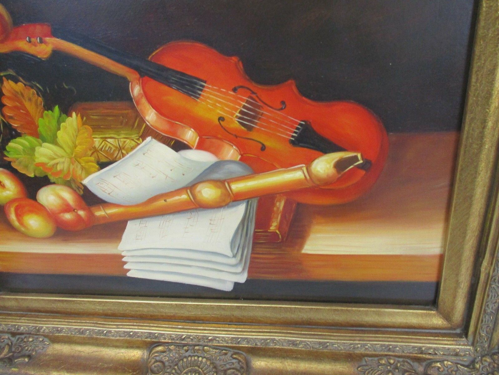 Oil Painting On Wood Gorgeous Wooden Frame With Lamp Still Life Violin Signed photo Art