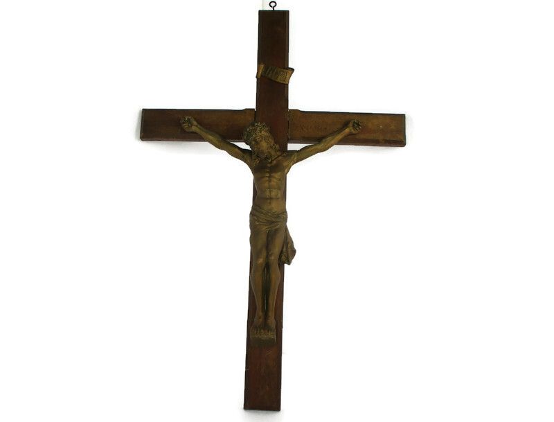 Xl Wood Hanging Crucifix Wooden  Corpus Piece Of Art Very Dramatic Exquisite 19t