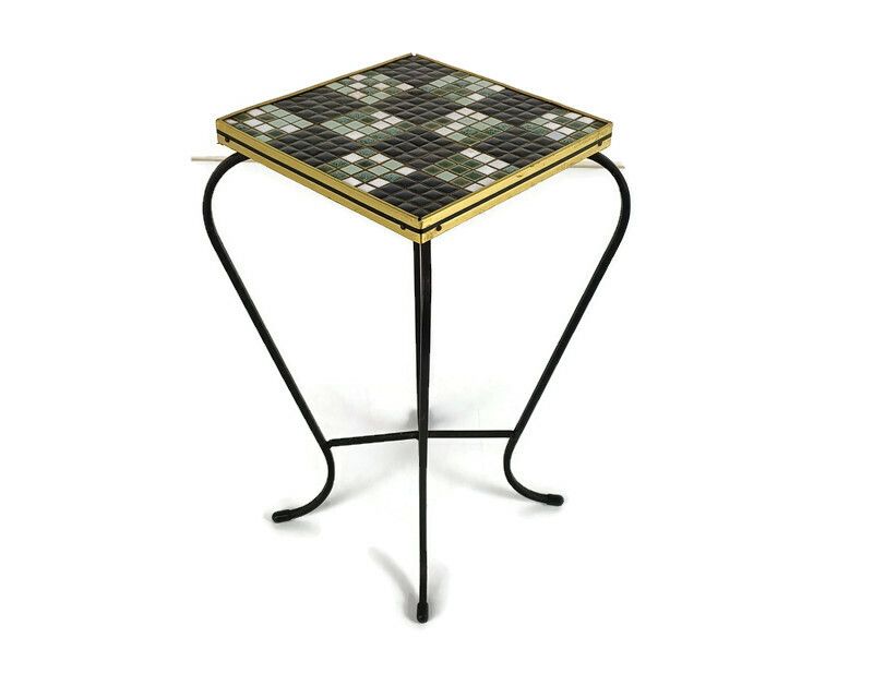 Vintage Small Side Table Plant Stand Mosaic Tiles Checkered Pattern Wrought Iron